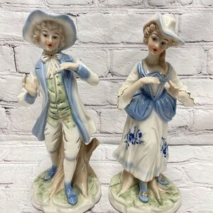 Vintage Ceramic Courting Couple Figurines French Provincial Man Woman Blue White